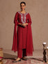 Janasya Women's Maroon Rayon Yoke Embroidered Sequinned Straight Kurta Set With Dupatta